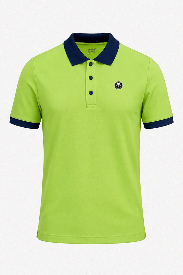 Polo homme vert clair, col bleu marine, manches courtes à liserés, logo poitrine