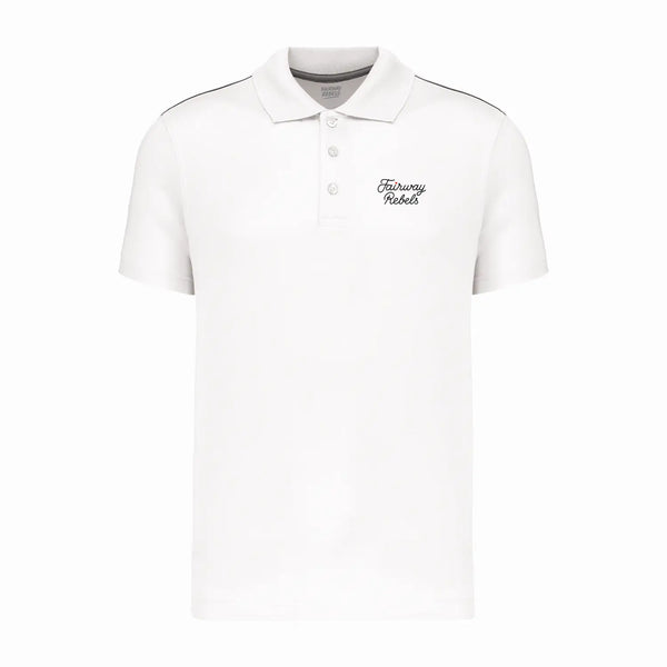 Polo de golf technique fille blanc, col polo boutonné, logo poitrine brodé.