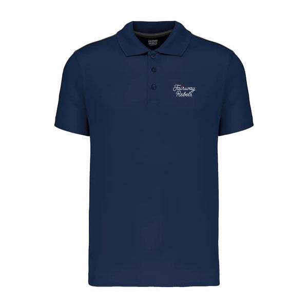 Polo de golf technique enfant bleu marine, col boutonné, logo poitrine Fairway Rebels.