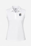 Polo femme sans manches blanc plat, col boutonné et blason brodé poitrine