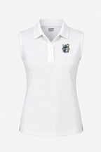 Polo femme sans manches blanc plat, col boutonné et blason brodé poitrine