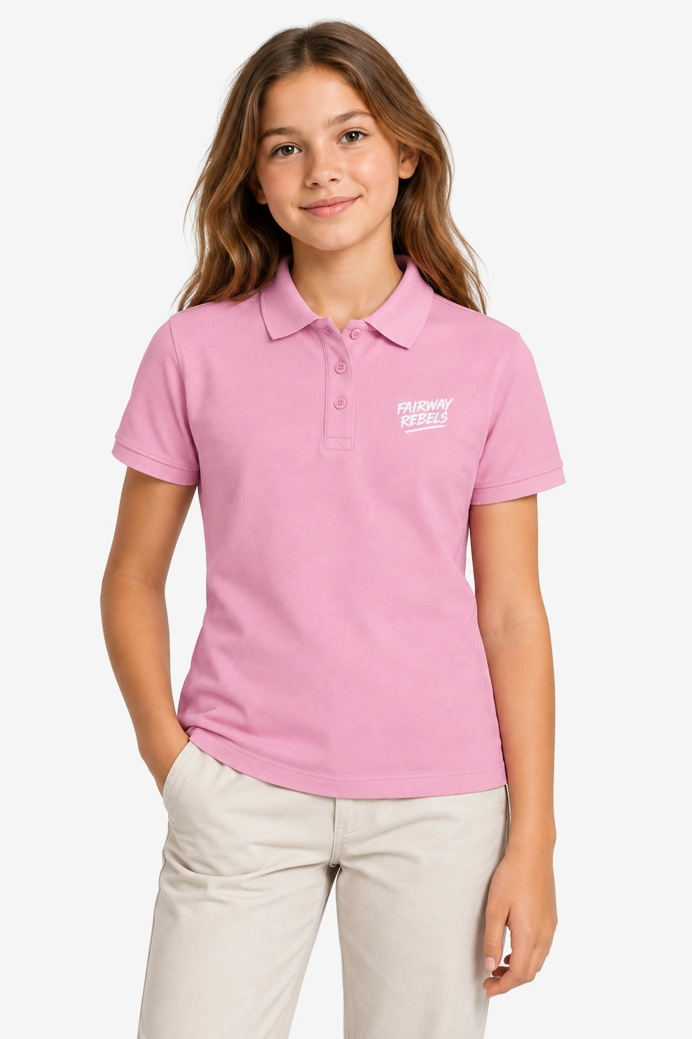 Polo fille en coton rose, manches courtes, col boutonné et écusson poitrine