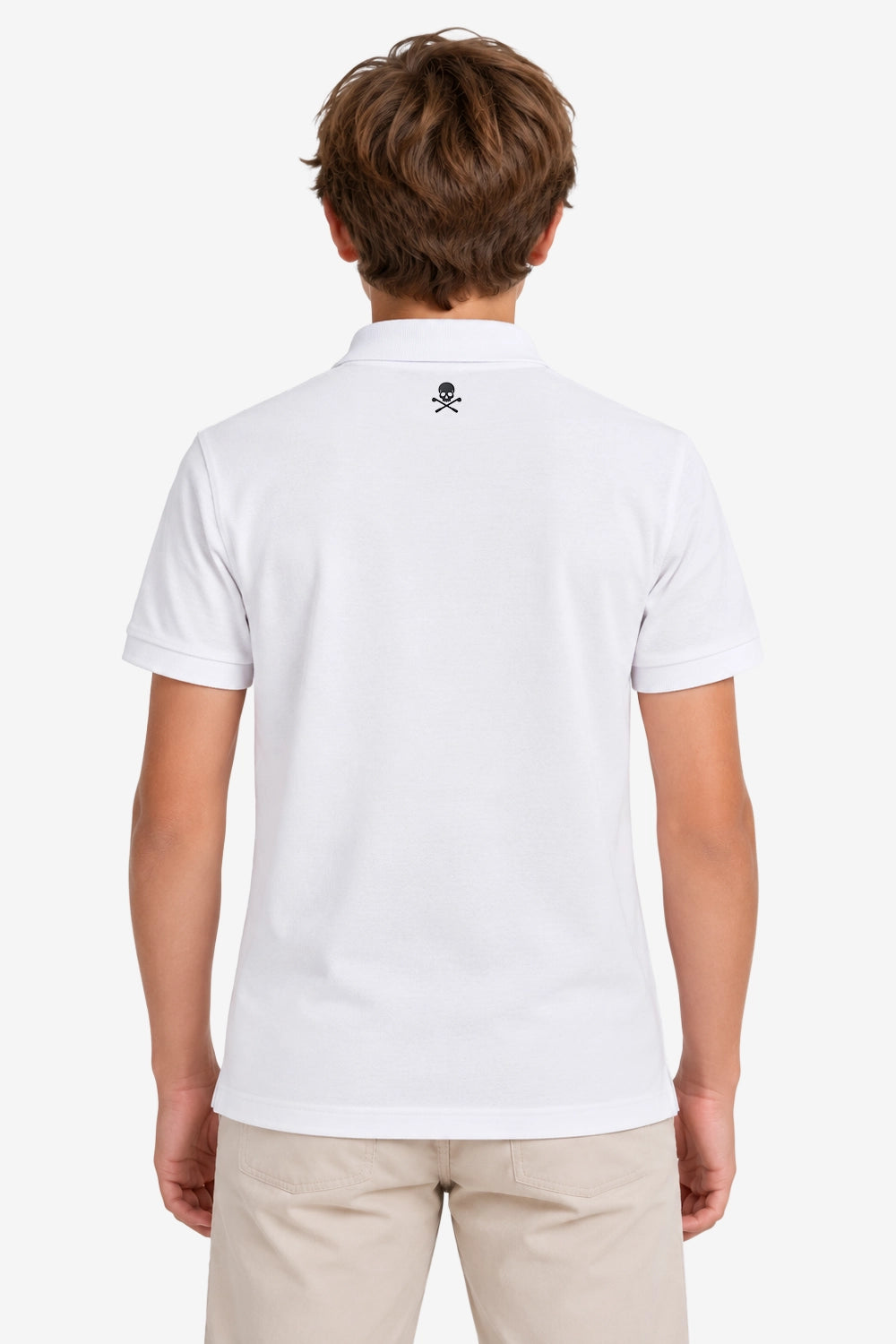 Polo en coton blanc pour garçon, vue de dos, col boutonné