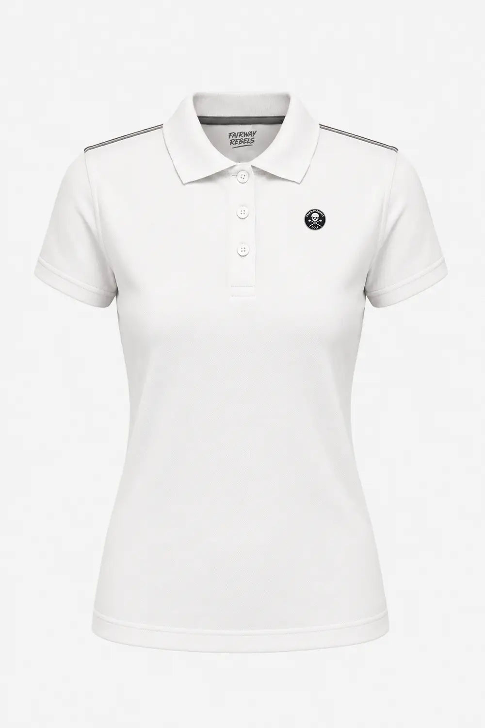 Polo stretch femme blanc, col travaillé, patte boutonnée et logo poitrine.