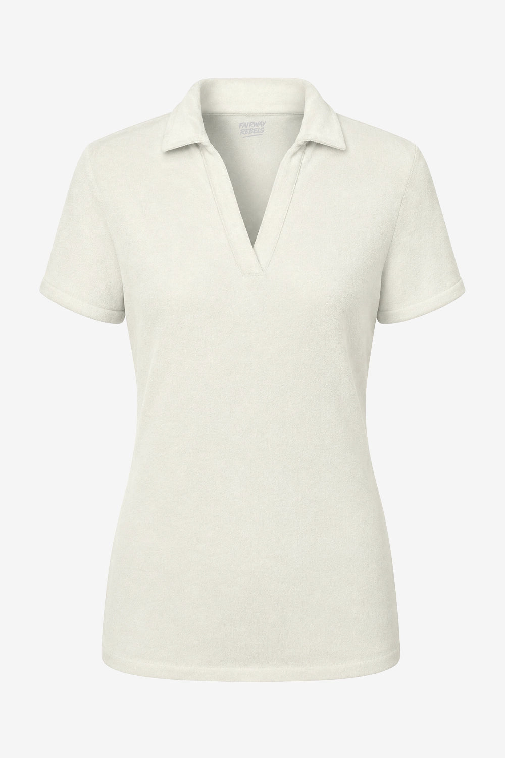 Polo femme beige clair col V, patte boutonnée, manches courtes.