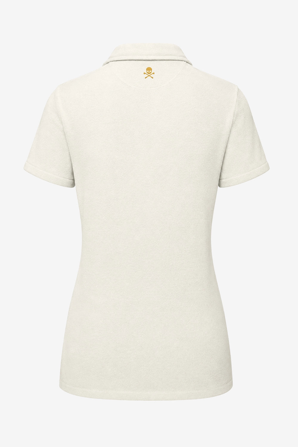 Polo femme beige clair, dos avec logo croix et tête sur le col, manches courtes.