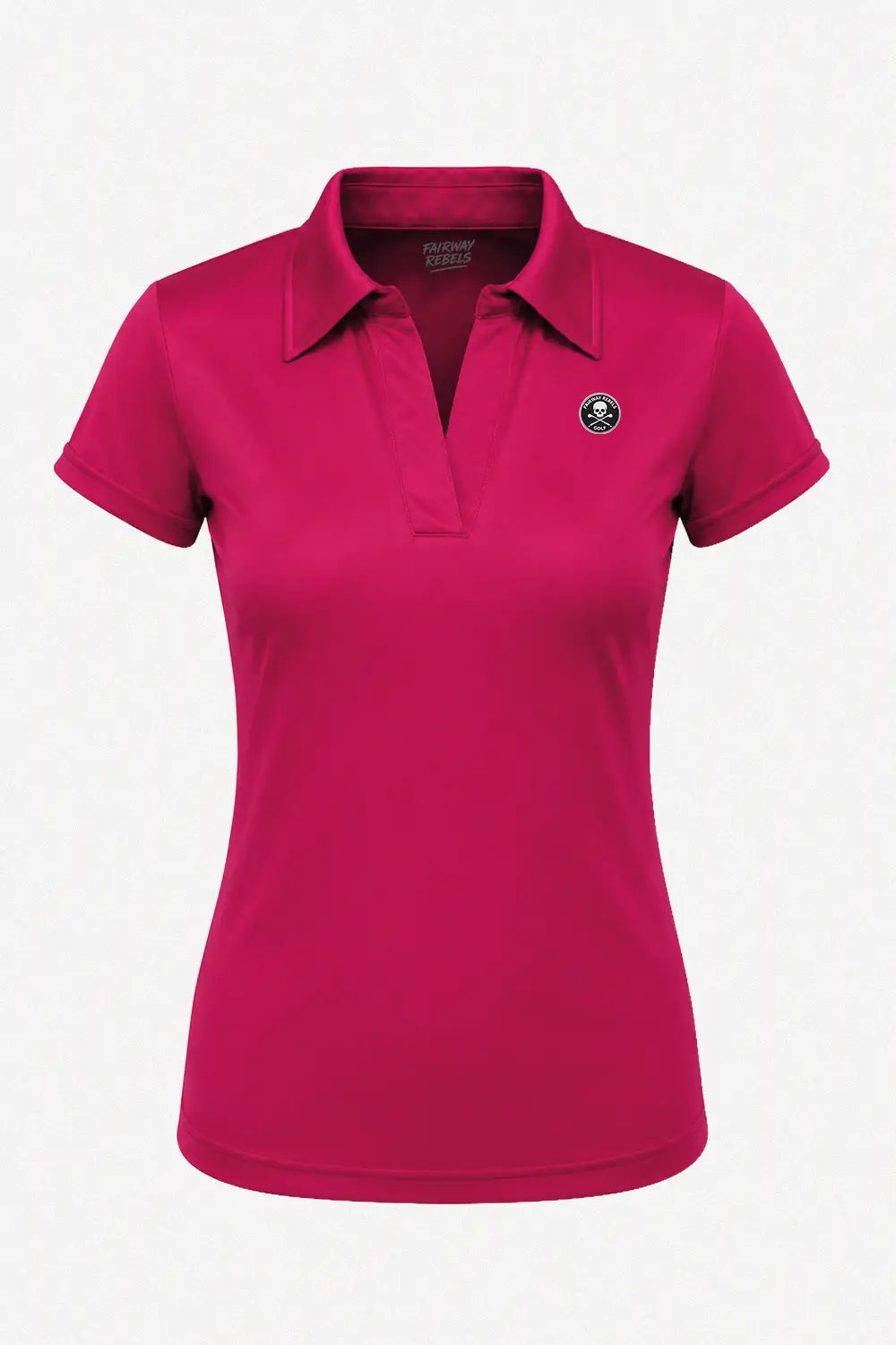 Polo femme à col V fuchsia, manches courtes, logo rond sur la poitrine