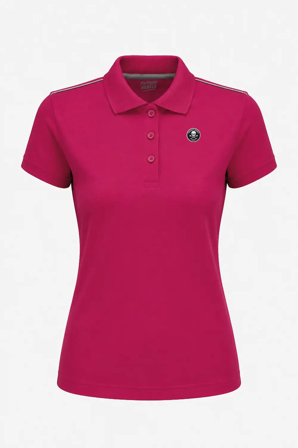 Polo stretch femme fuchsia, col travaillé, patte boutonnée et logo poitrine.