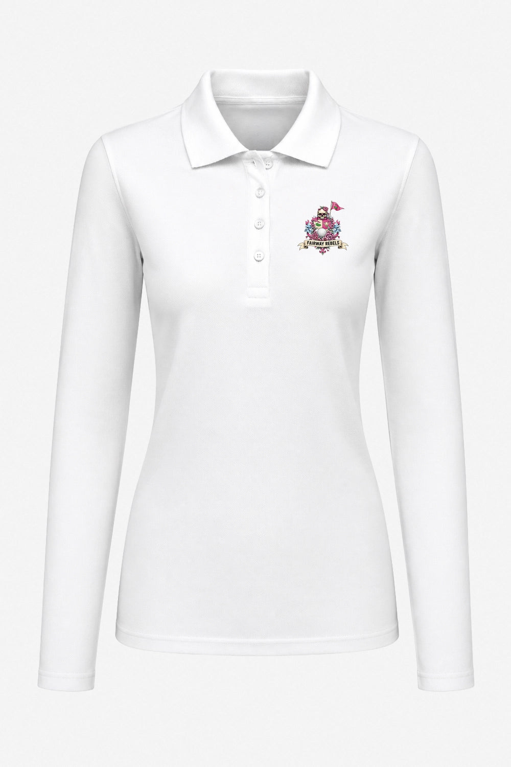 Polo manches longues blanc, col rigide et patte boutonnée, logo «Fairy Rebels» poitrine