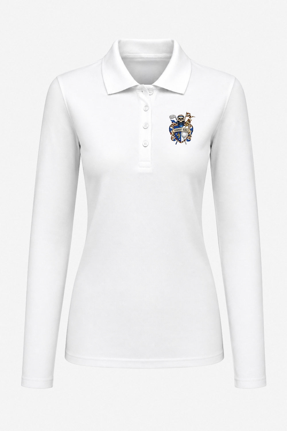 Polo manches longues femme blanc, col boutonné et blason brodé sur la poitrine.