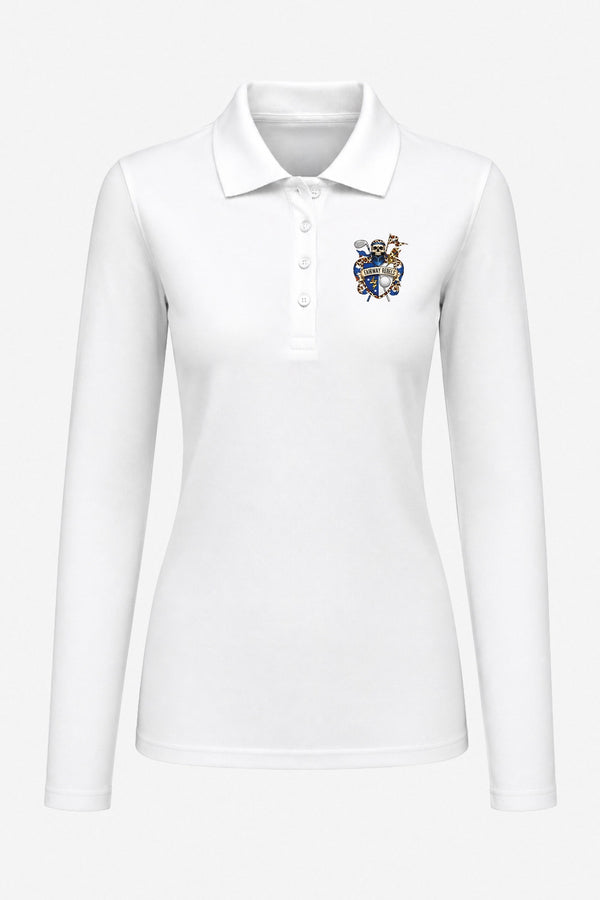 Polo manches longues femme blanc, col boutonné et blason brodé sur la poitrine.