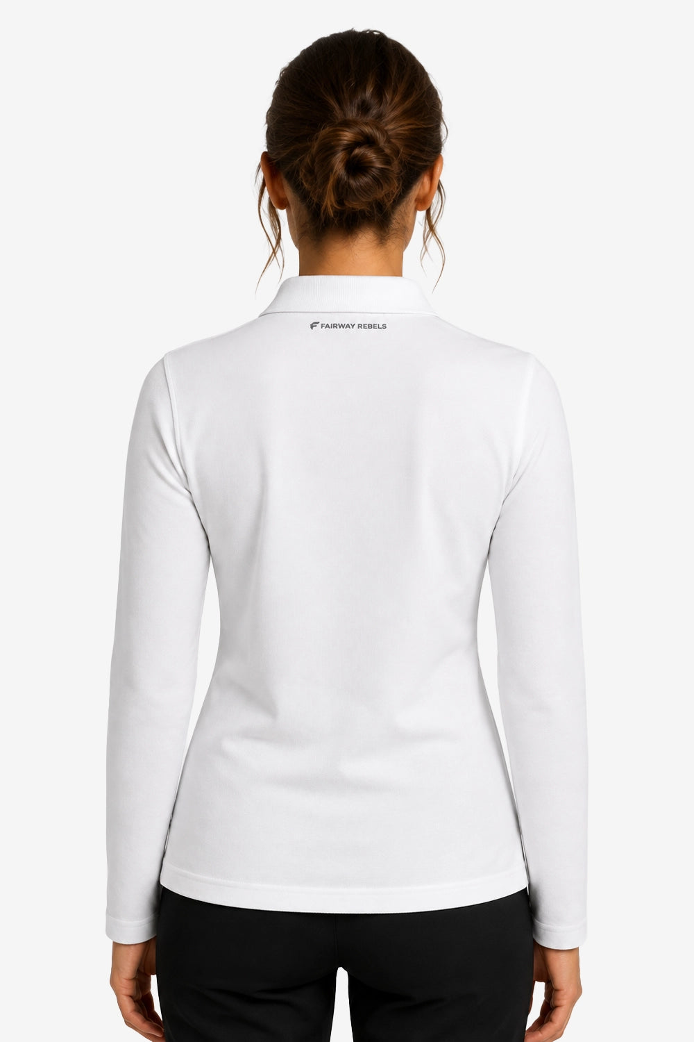Polo manches longues femme blanc, vue arrière avec étiquette au dos et col.