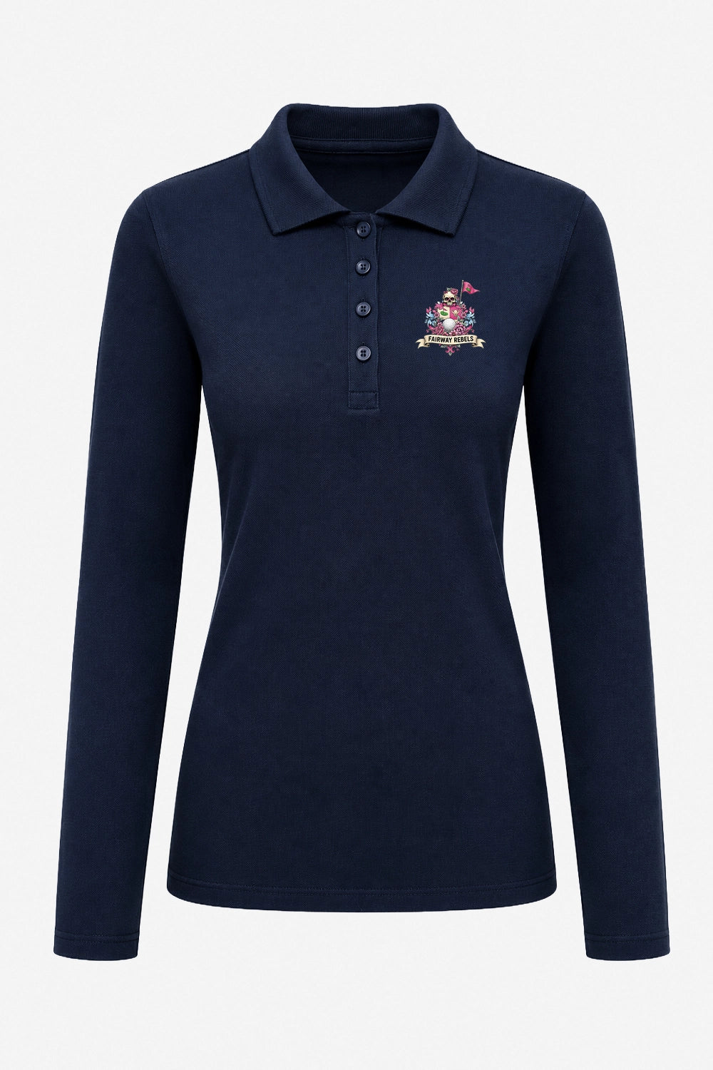 Polo manches longues bleu marine, col rigide et patte boutonnée, logo «Fairy Rebels» poitrine