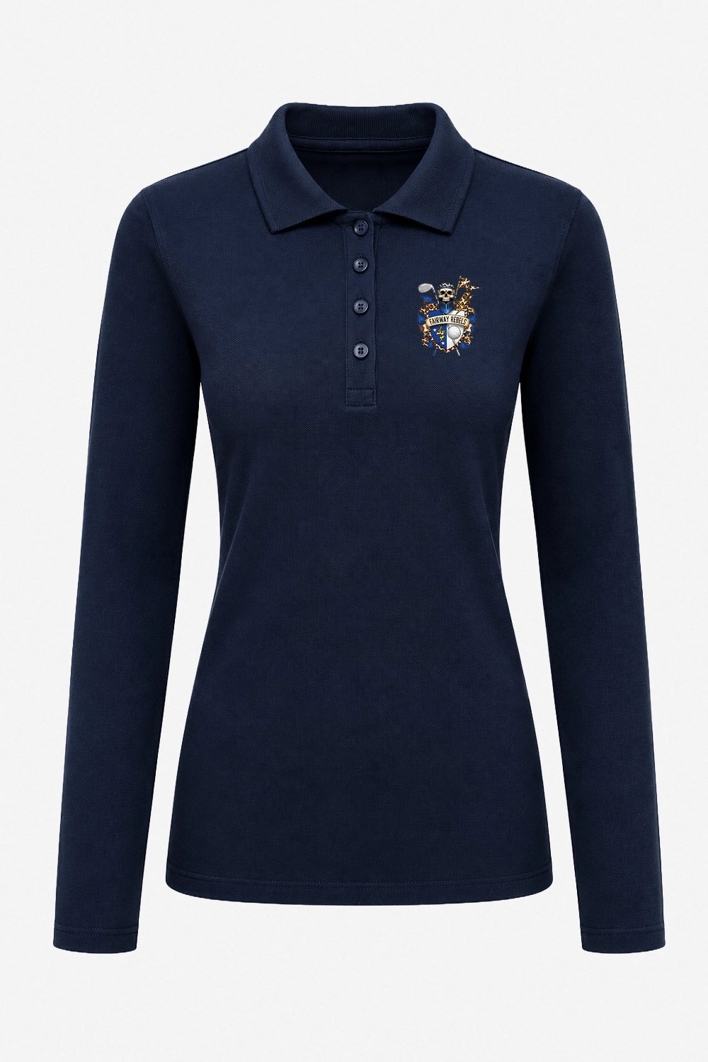 Polo manches longues femme bleu marine, col boutonné et blason brodé, coupe ajustée.