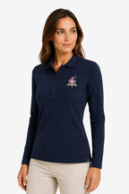 Polo de golf femme manches longues bleu marine, face 3/4, col boutonné et écusson.