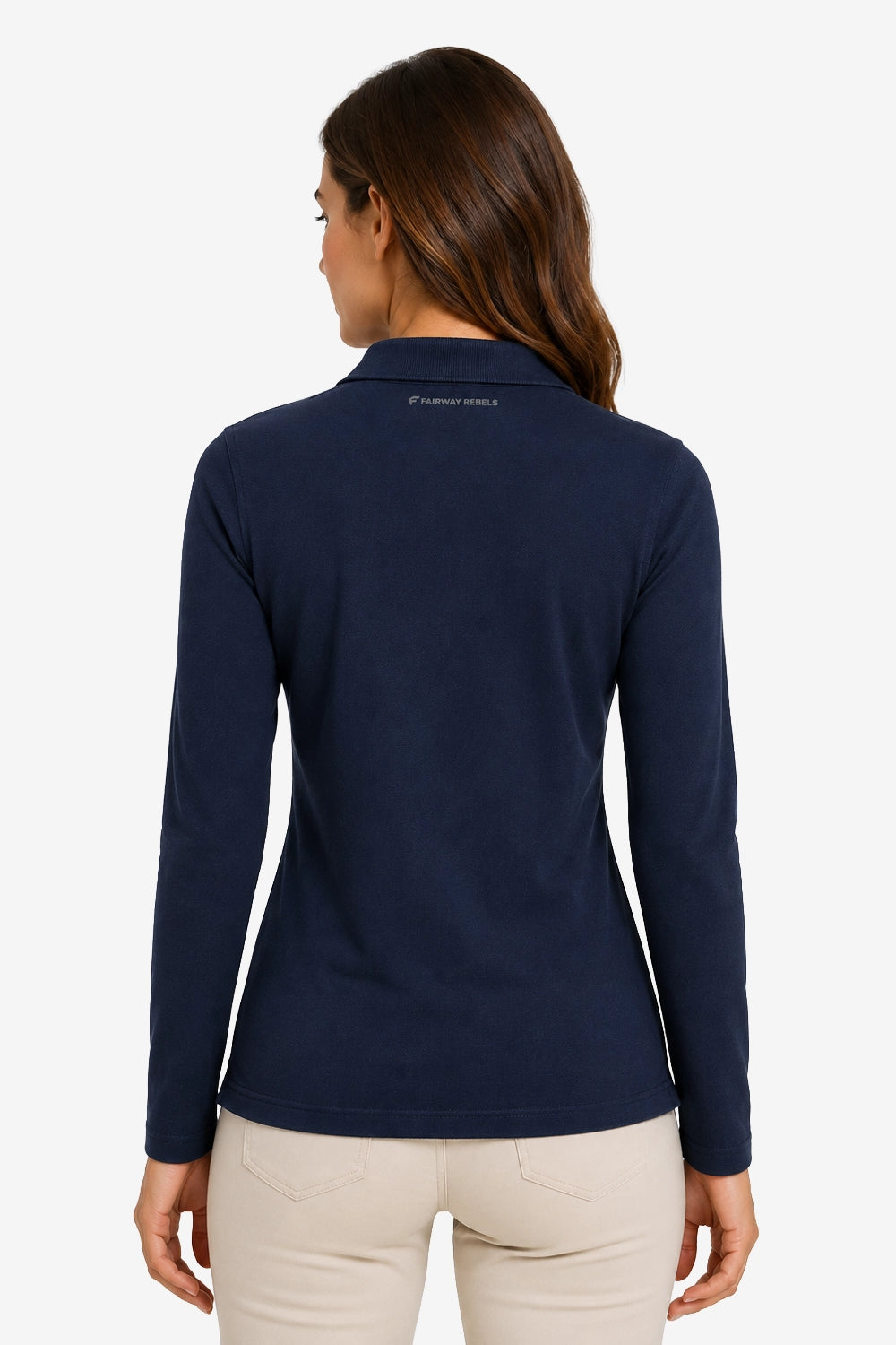 Polo de golf femme manches longues bleu marine, vue de dos, coupe près du corps.