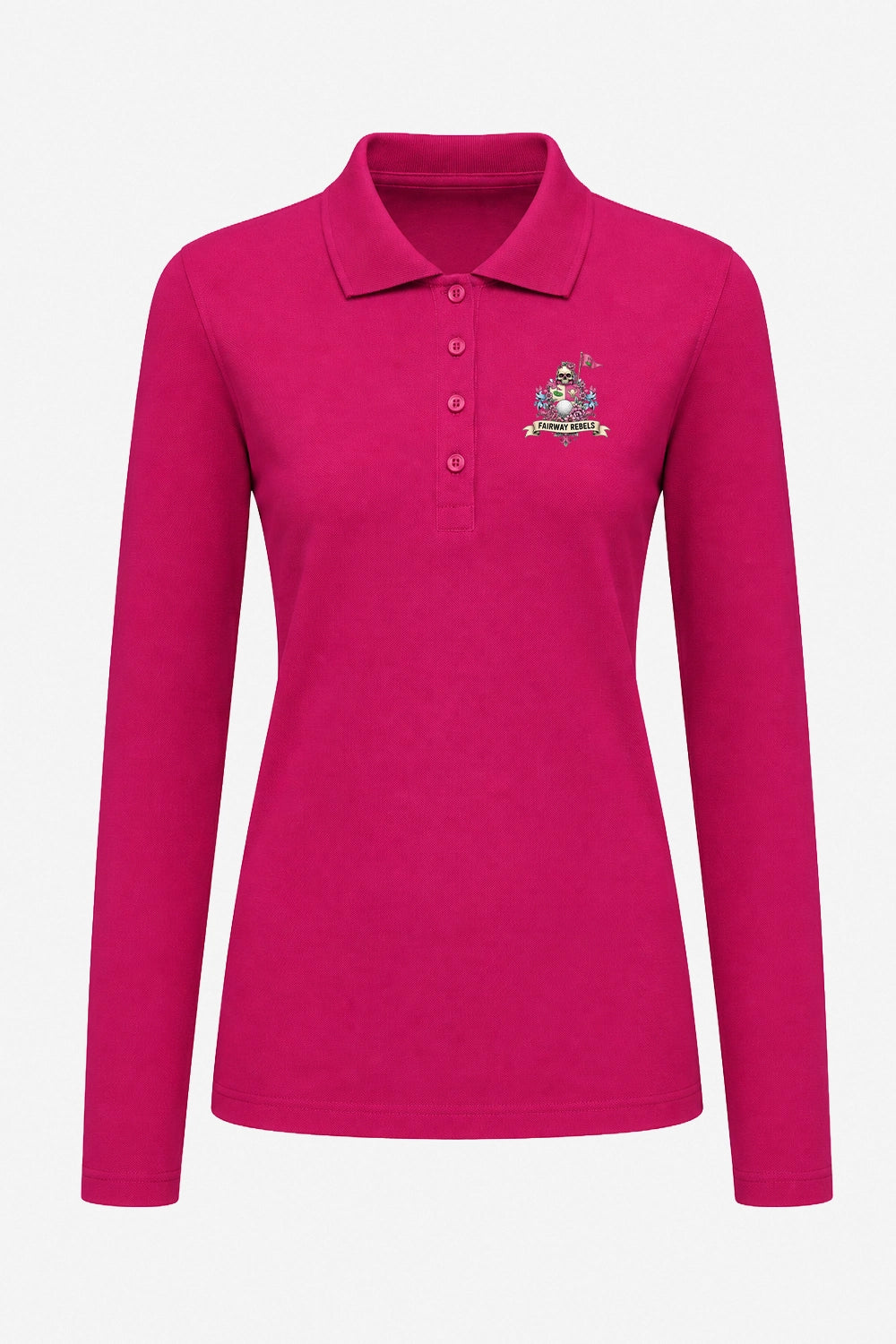 Polo manches longues fuchsia, col rigide et patte boutonnée, logo «Fairy Rebels» poitrine
