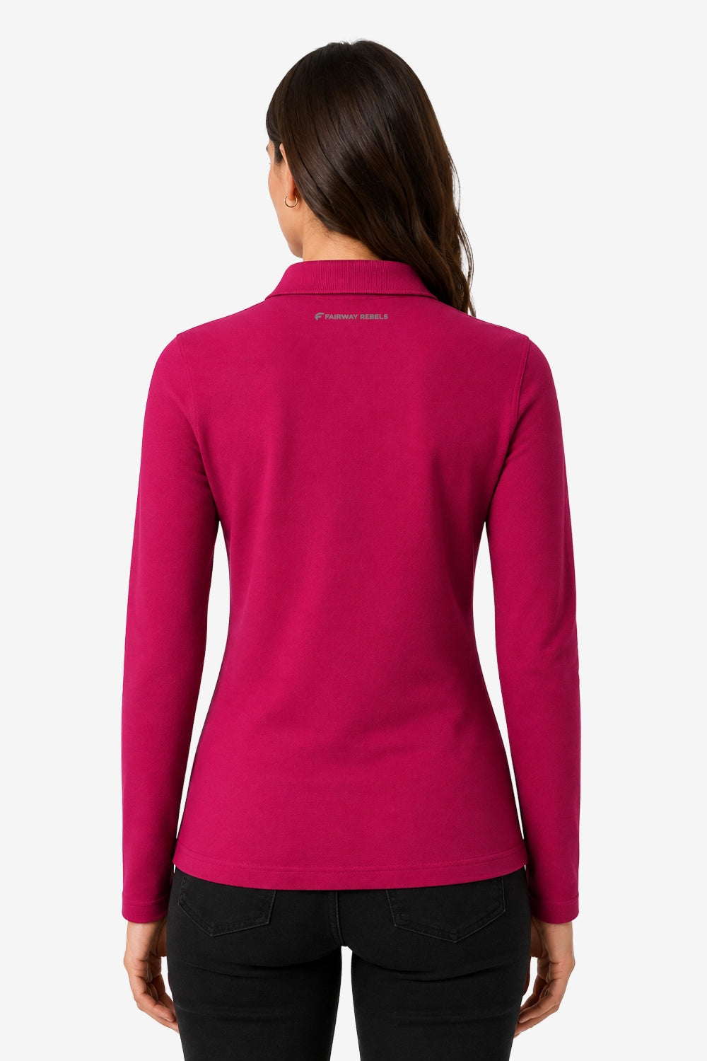 Polo de golf femme manches longues fuchsia, vue de dos, col polo et coupe ajustée.