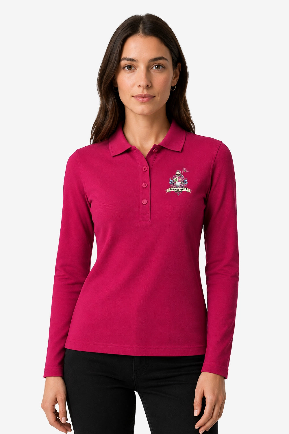 Polo de golf femme manches longues fuchsia, col boutonné et écusson sur la poitrine.