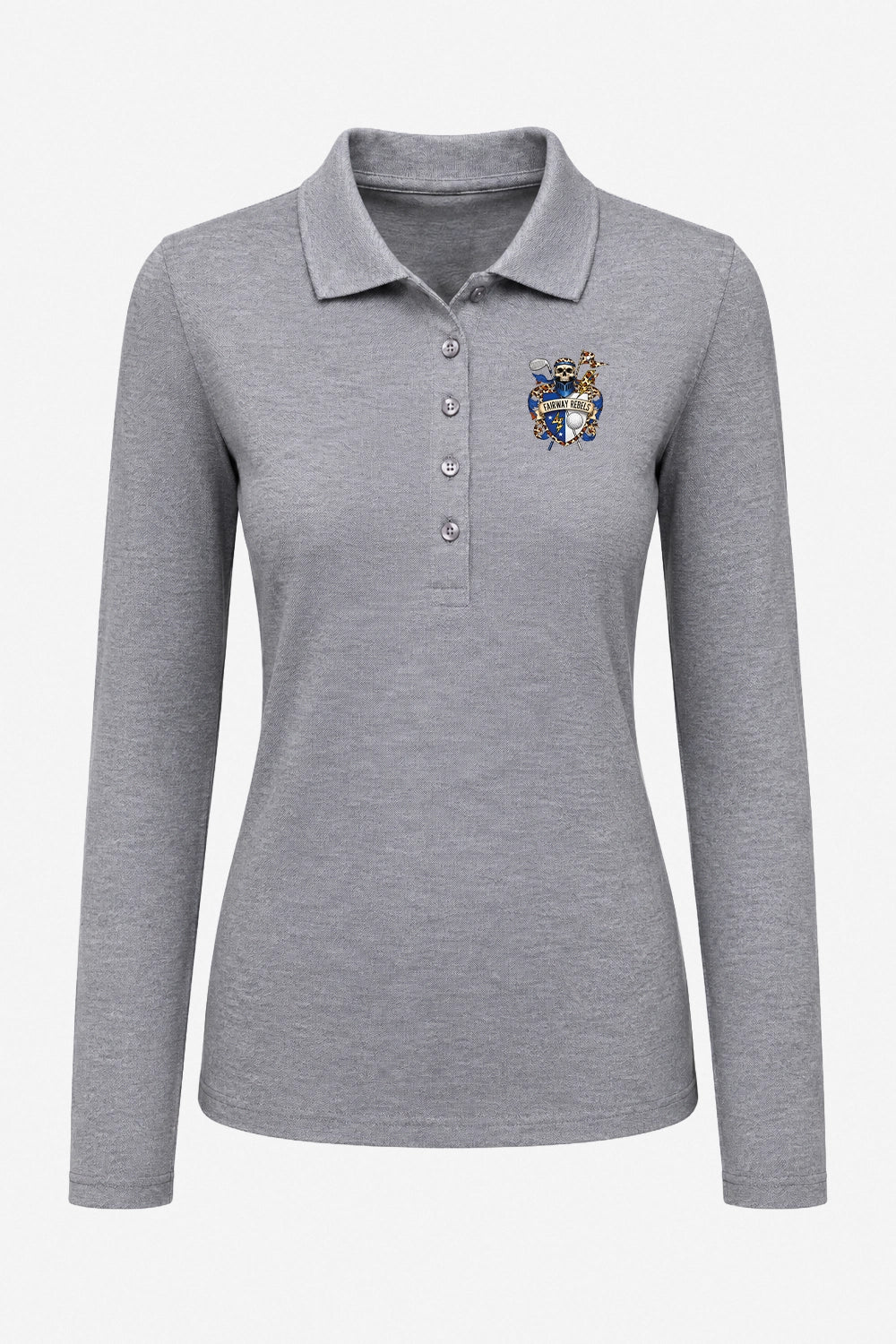 Polo manches longues gris femme, écusson sur la poitrine, col et boutons visibles
