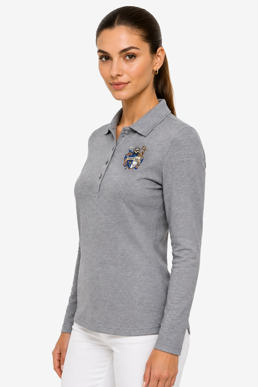 Polo manches longues gris pour femme, col classique, écusson poitrine, coupe ajustée