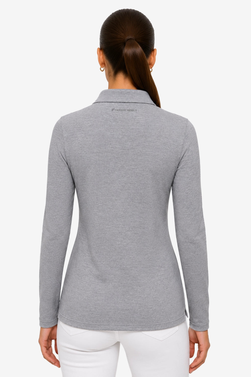 Polo manches longues gris au dos, coupe cintrée, col haut et coutures visibles