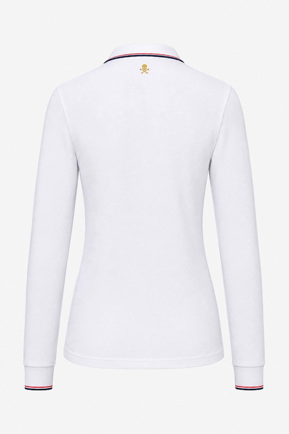 Polo manches longues blanc, col avec liseré tricolore, logo au dos et poignets rayés.