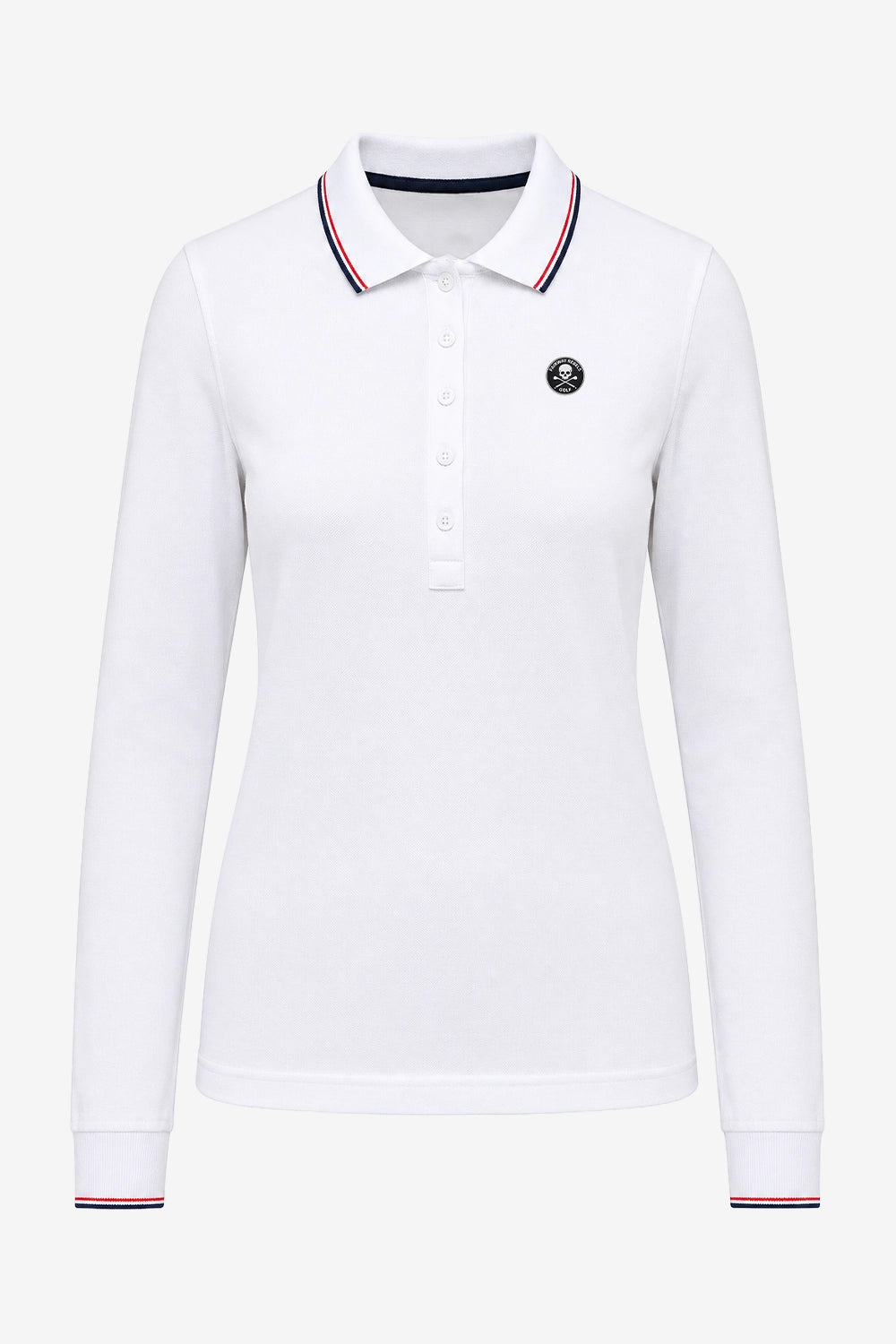 Polo manches longues blanc, col avec liseré tricolore, patte boutonnée et logo poitrine.