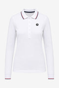 Polo manches longues blanc, col avec liseré tricolore, patte boutonnée et logo poitrine.