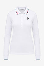 Polo manches longues blanc, col avec liseré tricolore, patte boutonnée et logo poitrine.