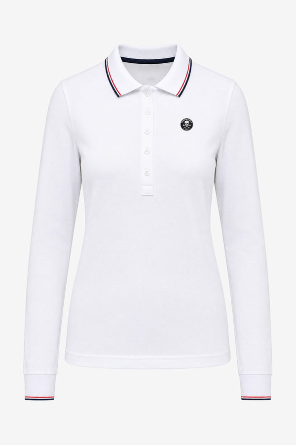 Polo manches longues blanc, col avec liseré tricolore, patte boutonnée et logo poitrine.