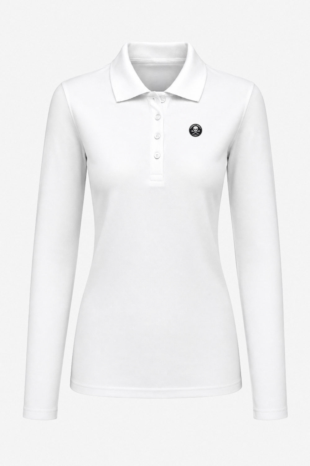 Polo manches longues femme en coton blanc, col polo boutonné et écusson poitrine.
