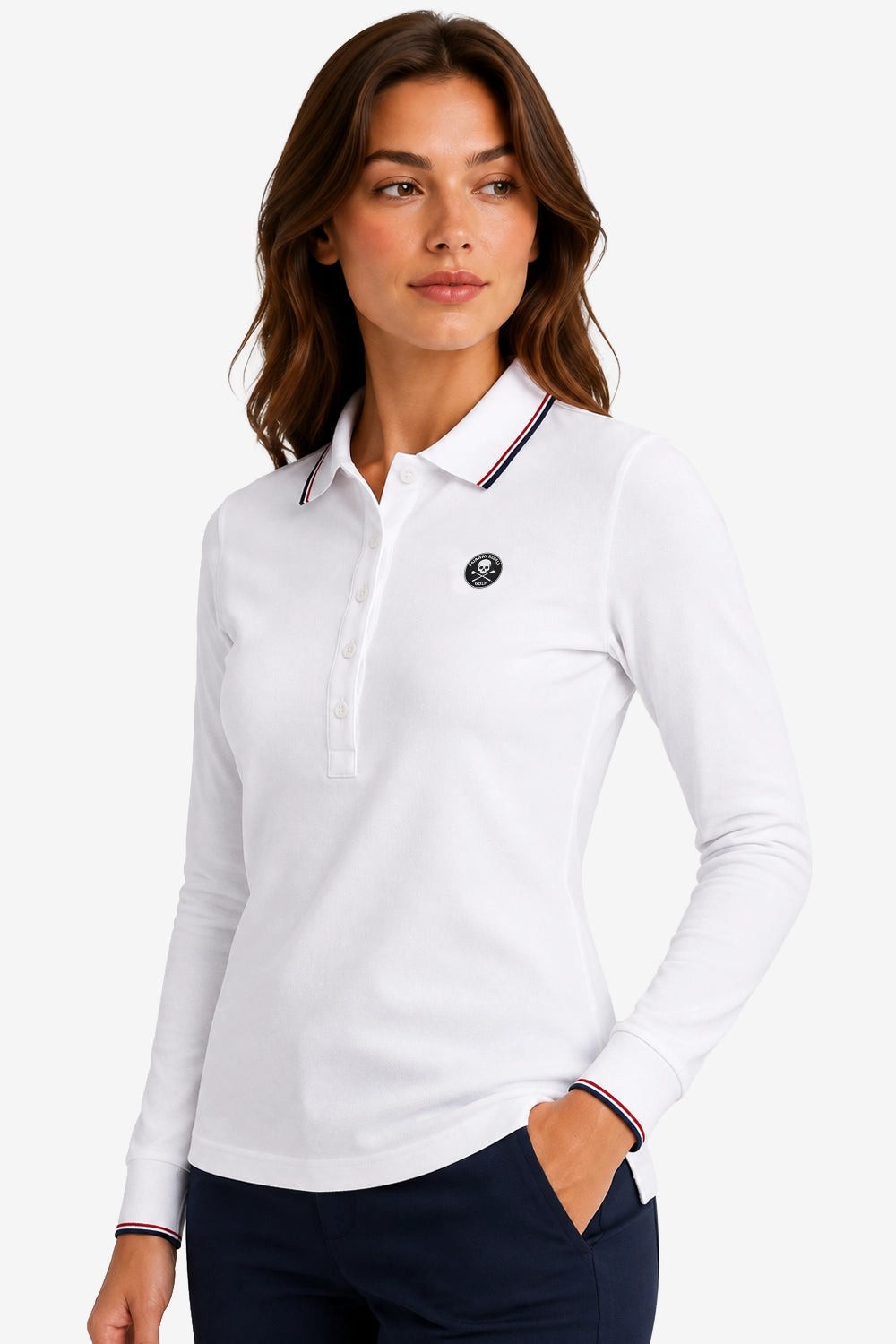 Polo manches longues blanc, col liseré tricolore, logo poitrine et poignets rayés.