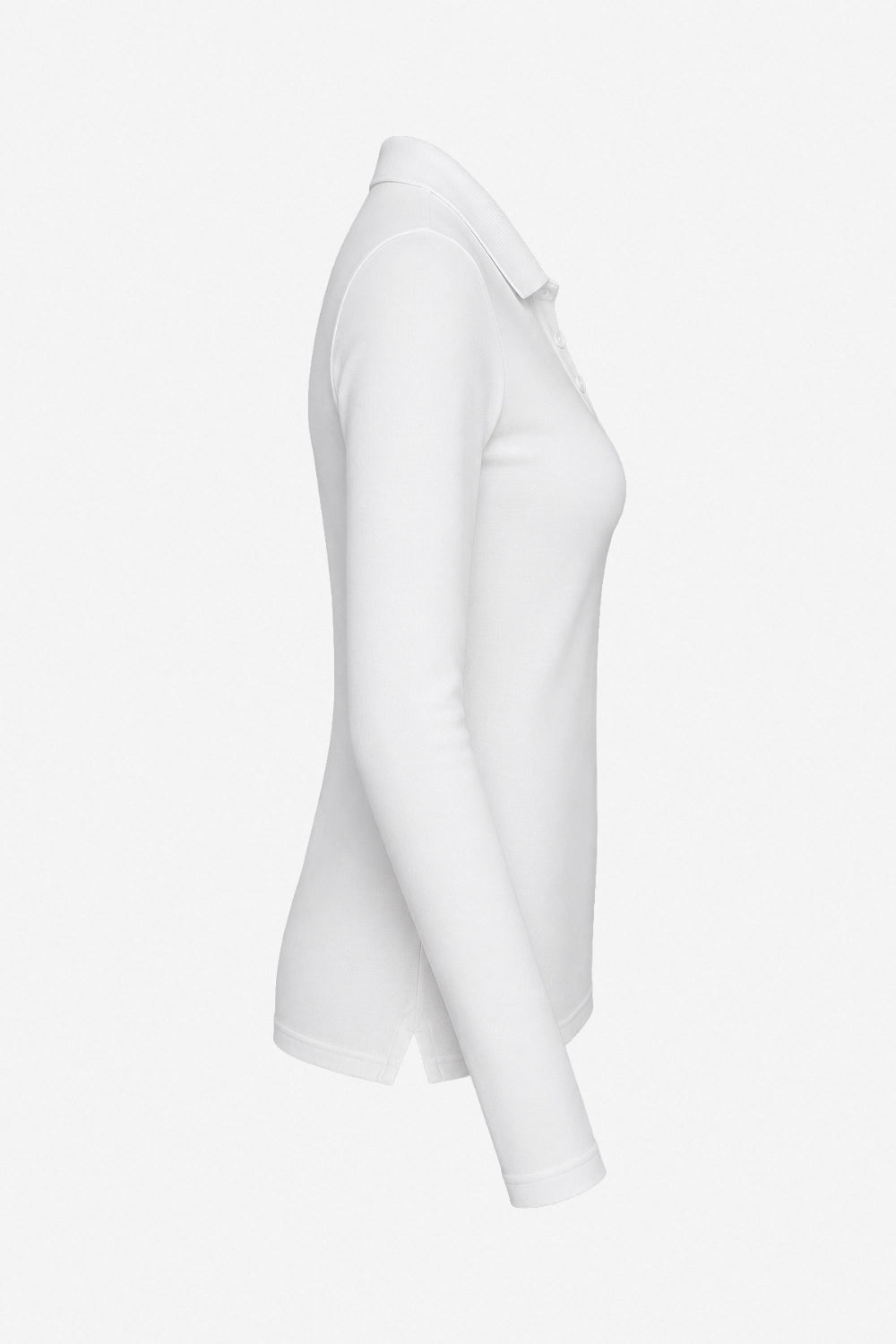 Polo manches longues femme en coton blanc, coupe ajustée, vue de profil.