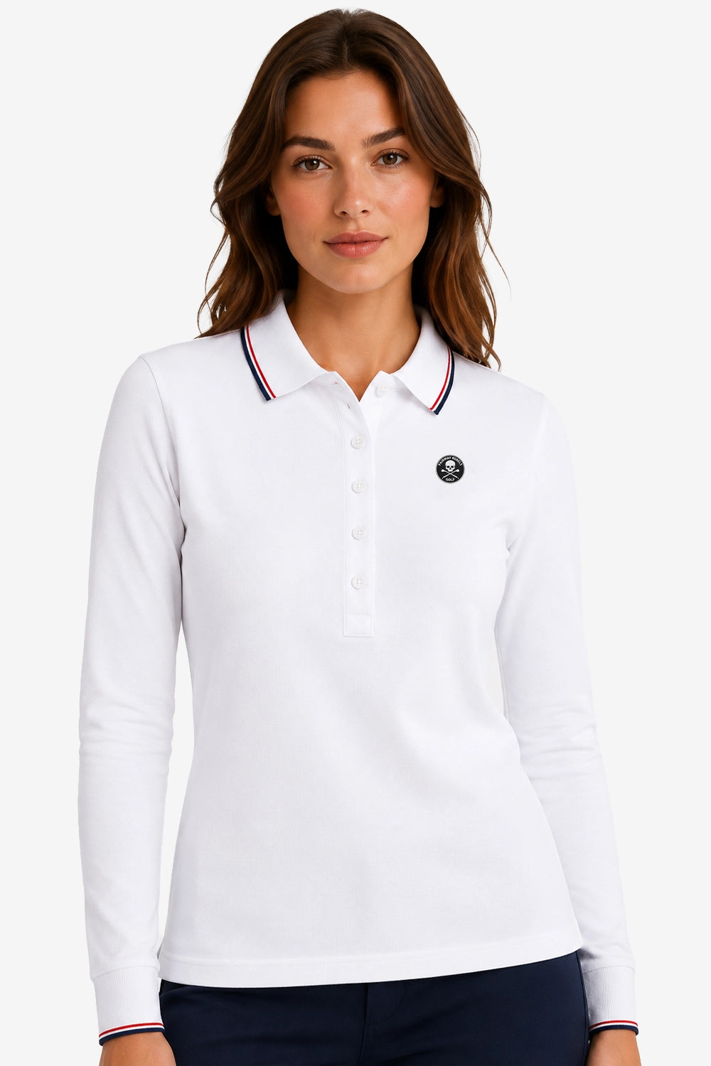 Polo manches longues blanc, col liseré tricolore, patte boutonnée et logo sur la poitrine.