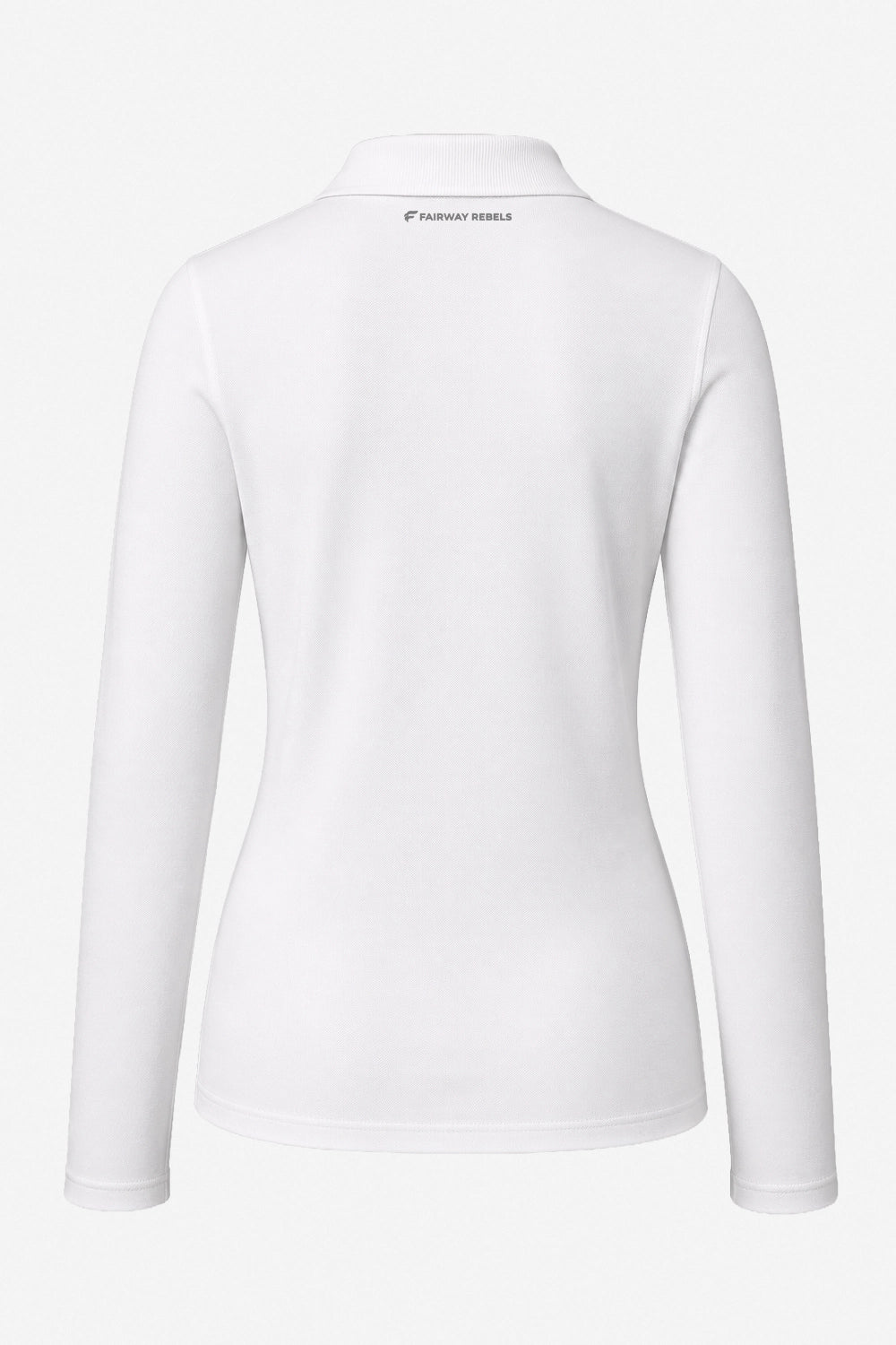 Polo manches longues blanc, vue dos, col et coutures latérales, détail logo ton sur ton