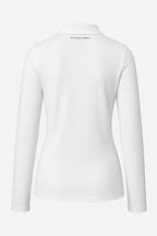 Polo femme manches longues blanc, vue de dos, coupe cintrée, petit marquage au col