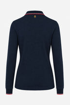 Polo manches longues bleu marine, vue dos, col liseré tricolore et logo au dos.