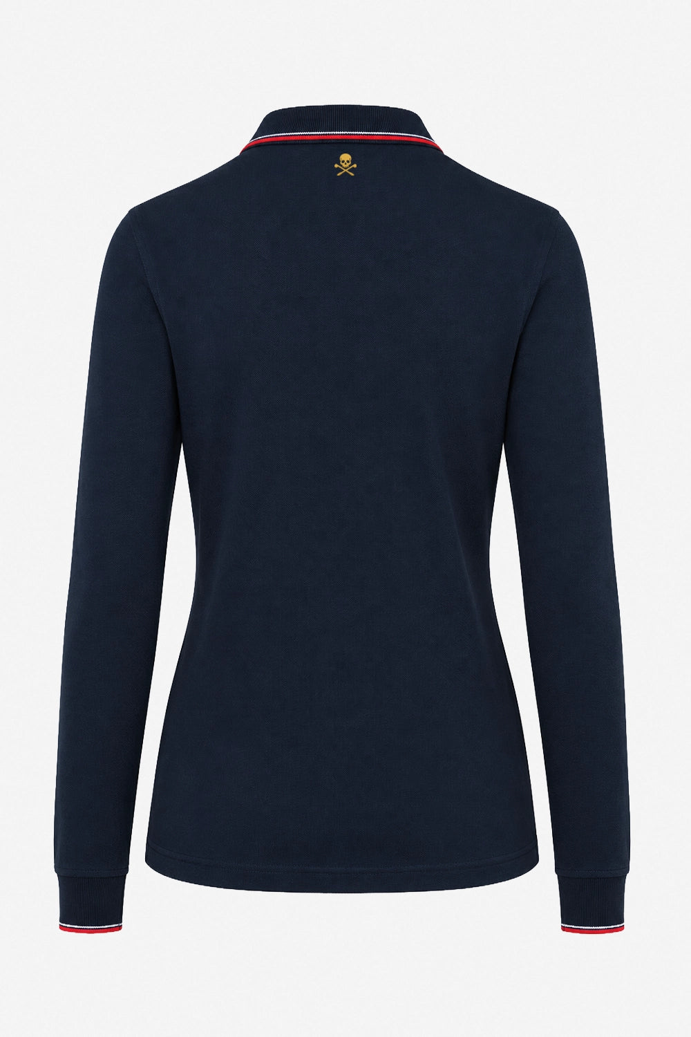 Polo manches longues bleu marine, vue dos, col liseré tricolore et logo au dos.