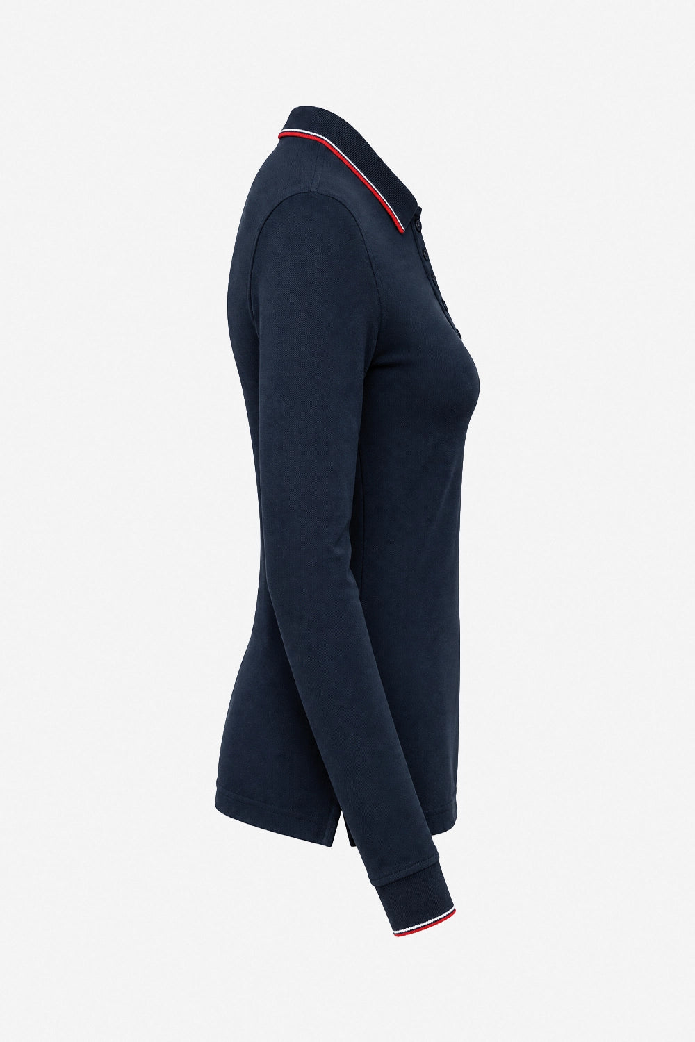 Polo manches longues bleu marine, coupe cintrée, col et bas de manches avec liseré.