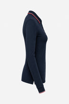 Polo manches longues bleu marine, coupe cintrée, col et bas de manches avec liseré.