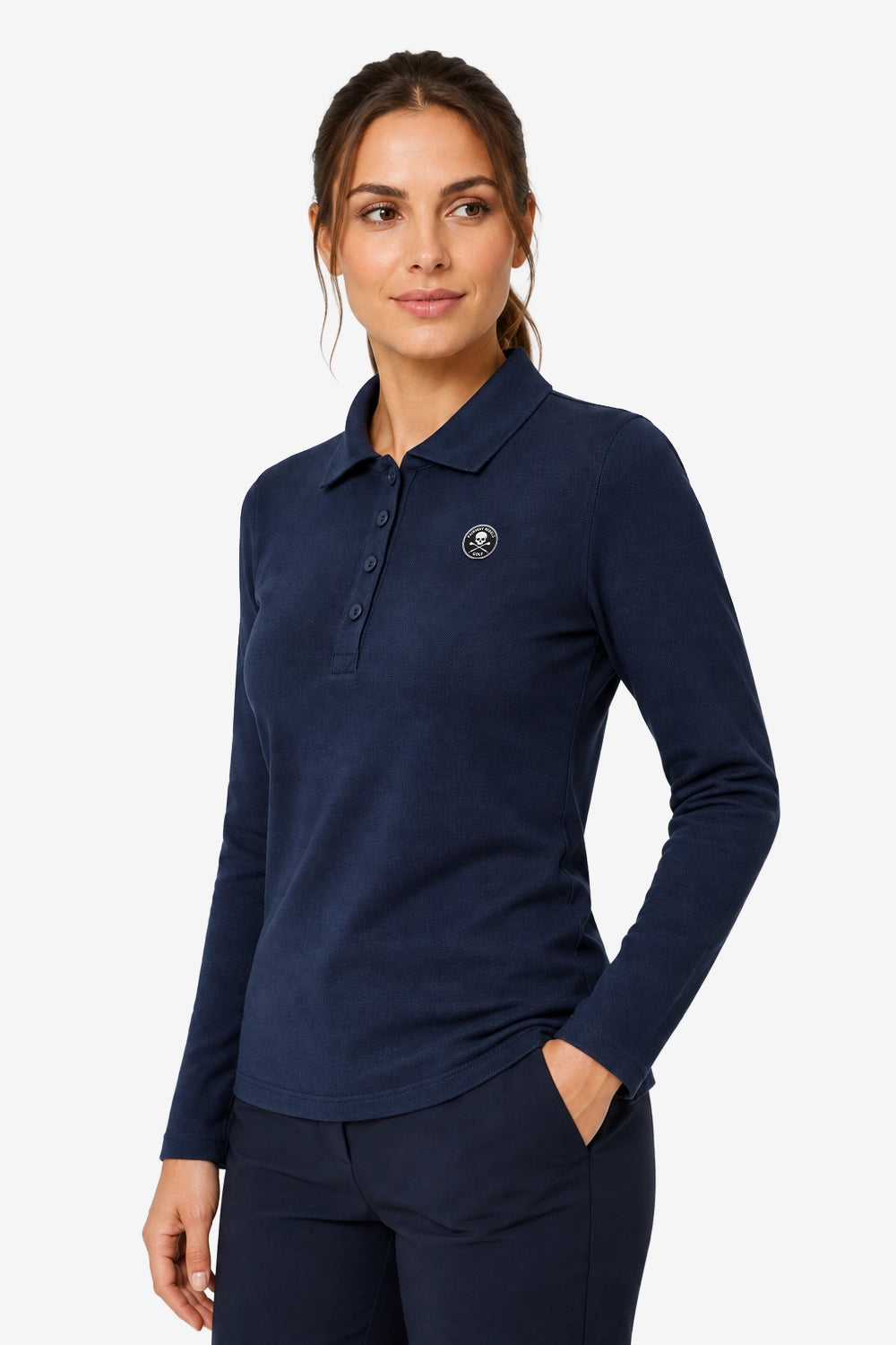 Polo manches longues femme coton bleu marine, col polo boutonné et écusson poitrine.