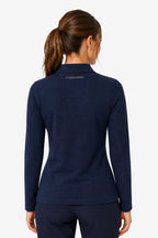 Polo manches longues femme coton bleu marine, vue dos, écusson au haut du dos.