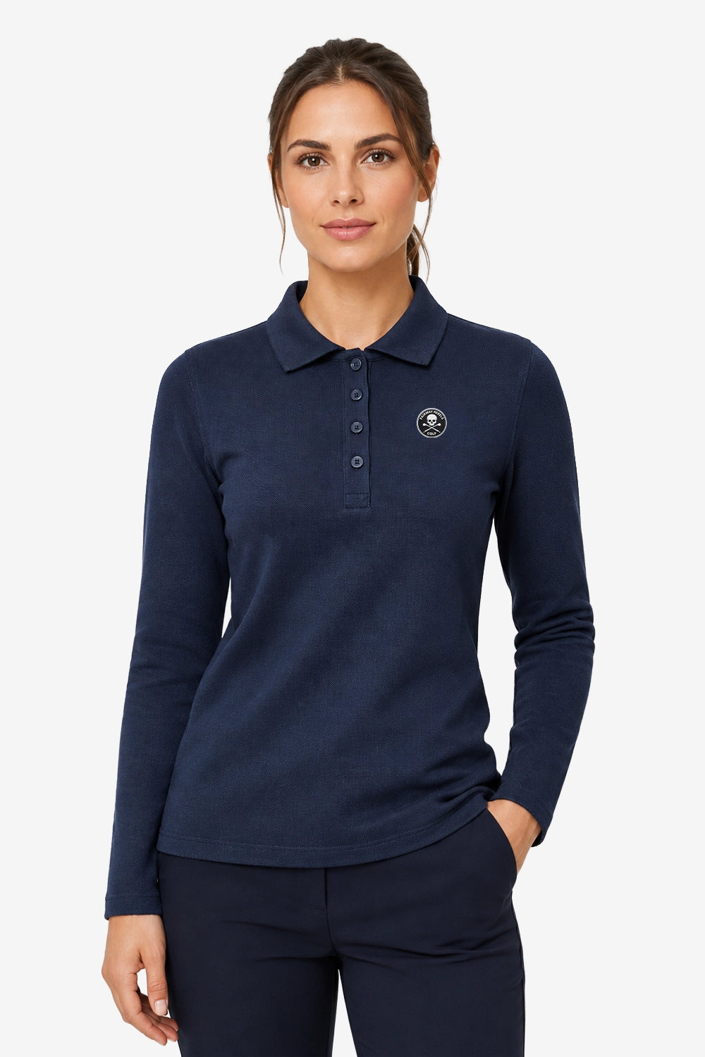 Polo manches longues femme en coton bleu marine, col boutonné et logo poitrine.