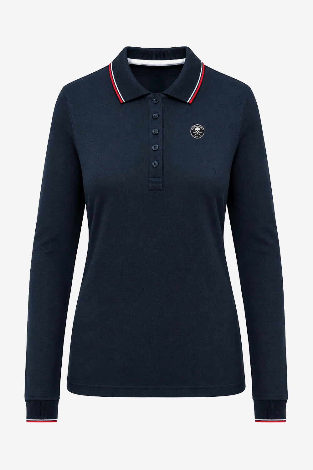 Polo femme manches longues en coton bleu marine, col à liseré et écusson sur la poitrine.