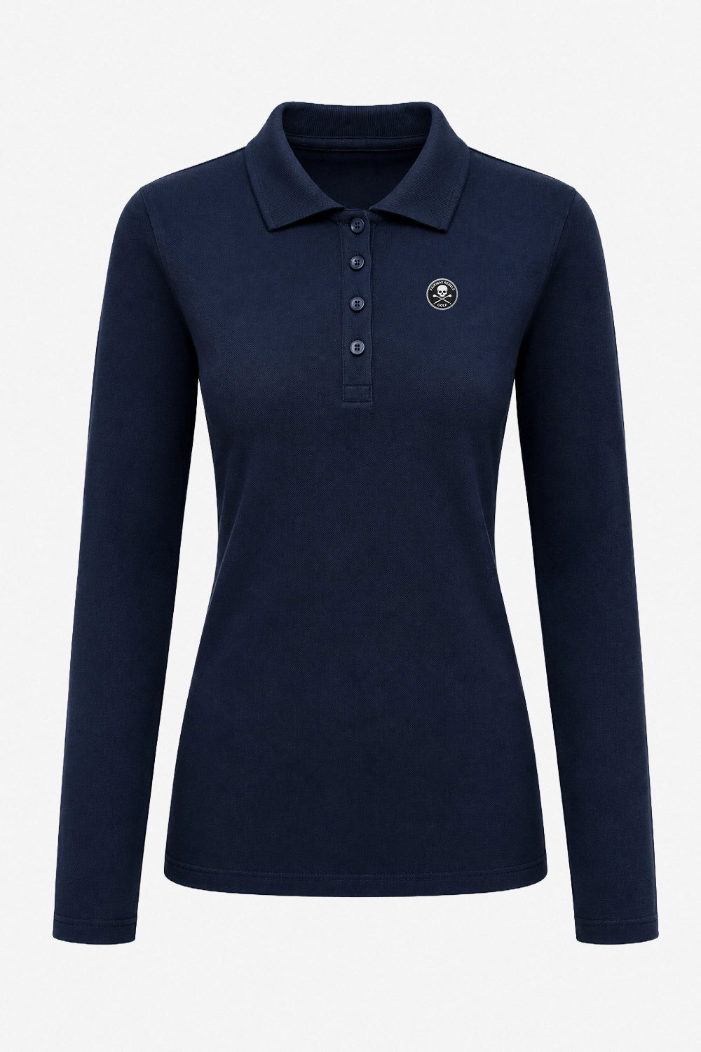 Polo manches longues femme en coton bleu marine, col boutonné et écusson poitrine.