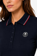 Polo manches longues bleu marine, col liseré tricolore, patte boutonnée et logo poitrine.