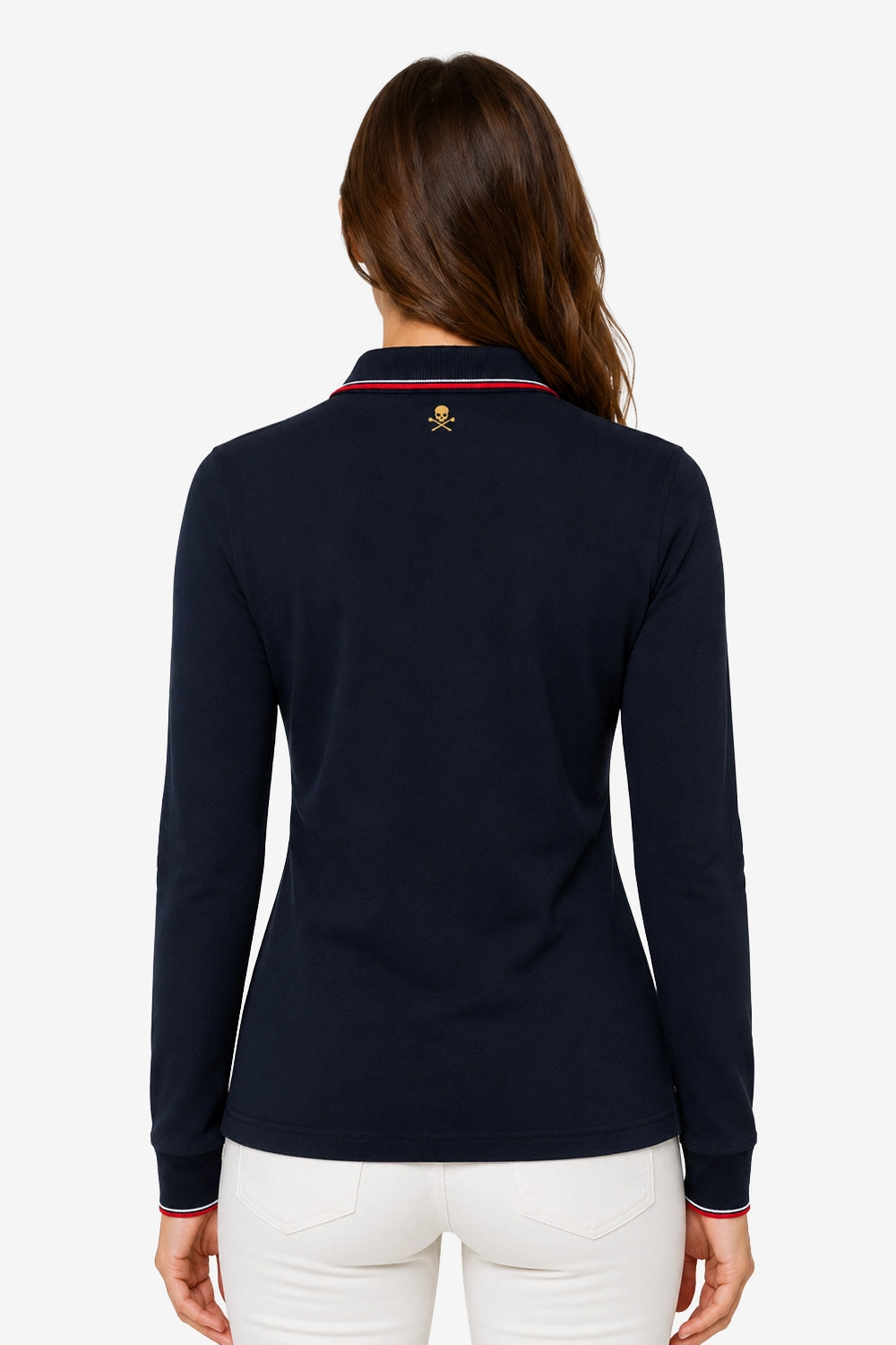 Polo femme manches longues en coton bleu marine, col et poignets à liseré.