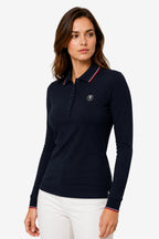 Polo femme manches longues en coton bleu marine, patte boutonnée et liseré tricolore.