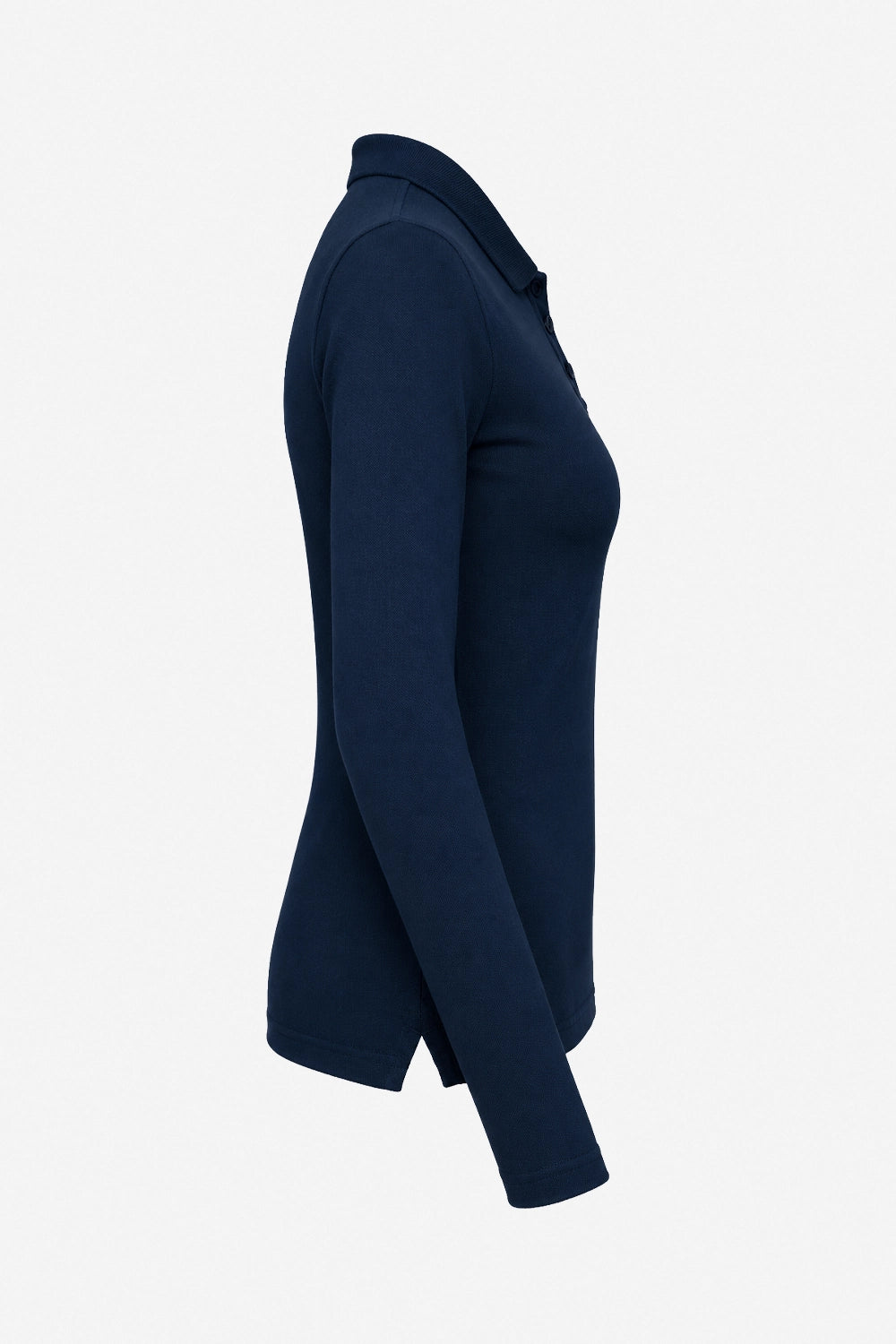 Polo femme manches longues bleu marine, vue de profil, col et patte boutonnée